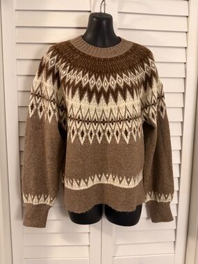 Haute Hippie Women’s Brown Oversized Fair Isle Crewneck Sweater Size Small NWOT